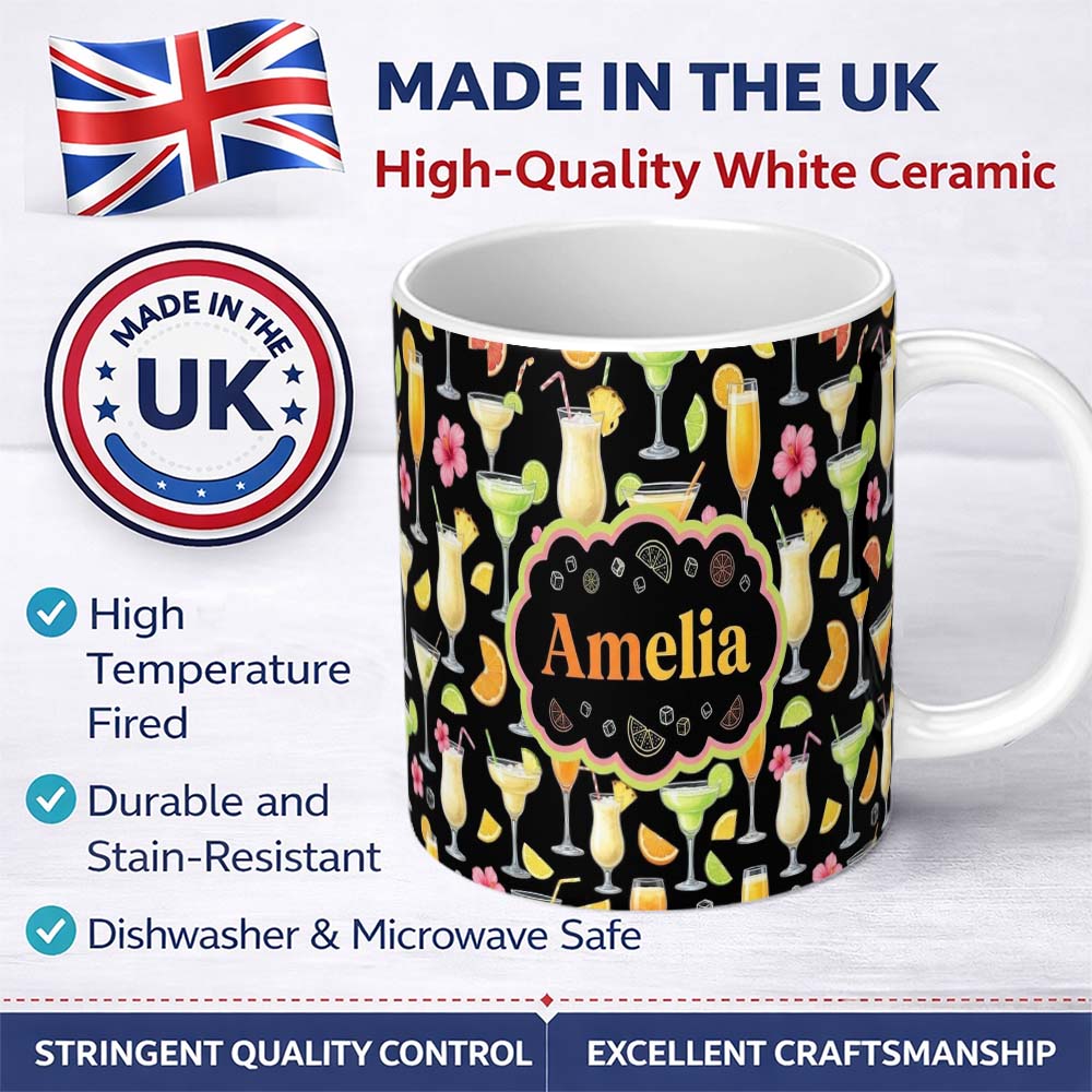 Personalized Custom Name Tropical Cocktail Drinks Seamless Pattern Black Background Name Cute 11oz Ceramic Coffee Tea Mug White Large Handle