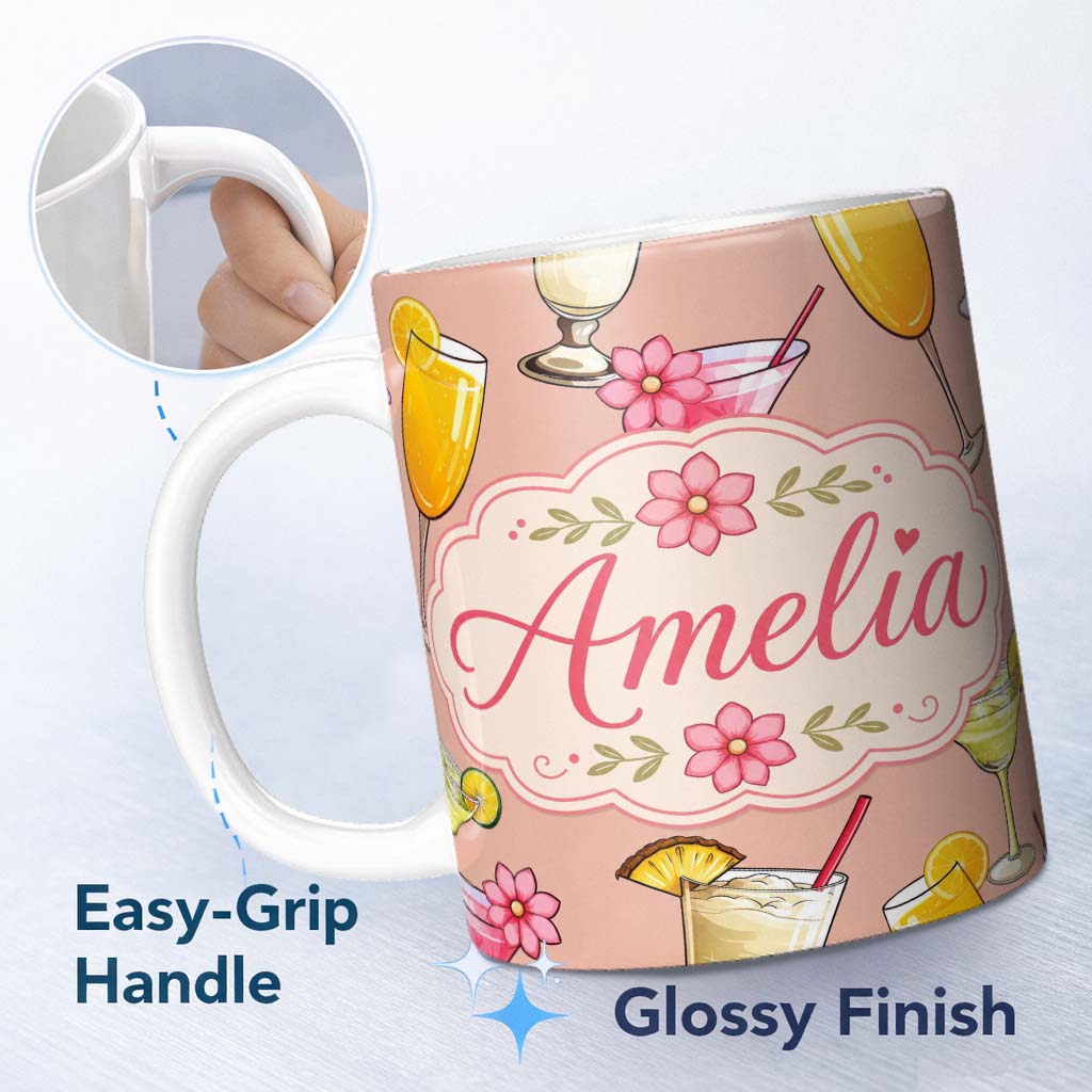 Personalized Custom Name Tropical Cocktail Drinks Seamless Pattern Peach Background Name Cute 11oz Ceramic Coffee Tea Mug White Large Handle