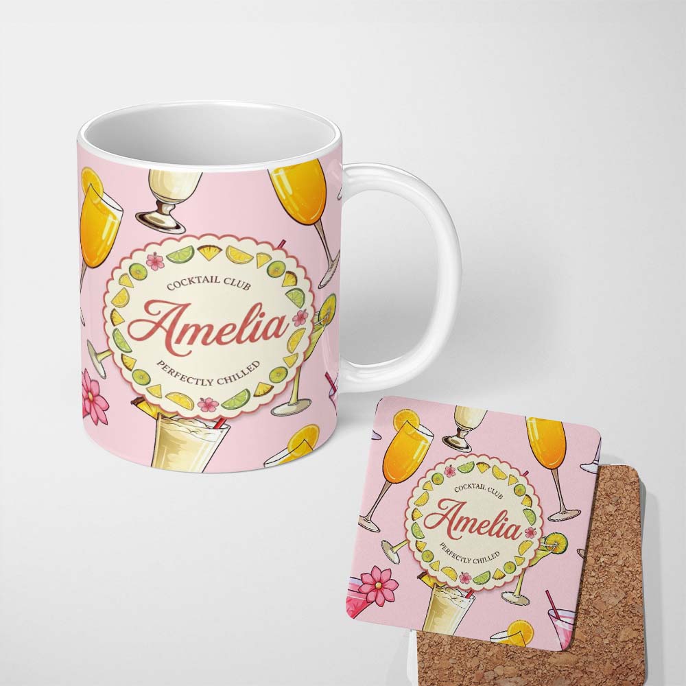 Personalized Custom Name Tropical Cocktail Drinks Seamless Pattern Soft Pink Background Name 11oz Ceramic Coffee Tea Mug White Large Handle
