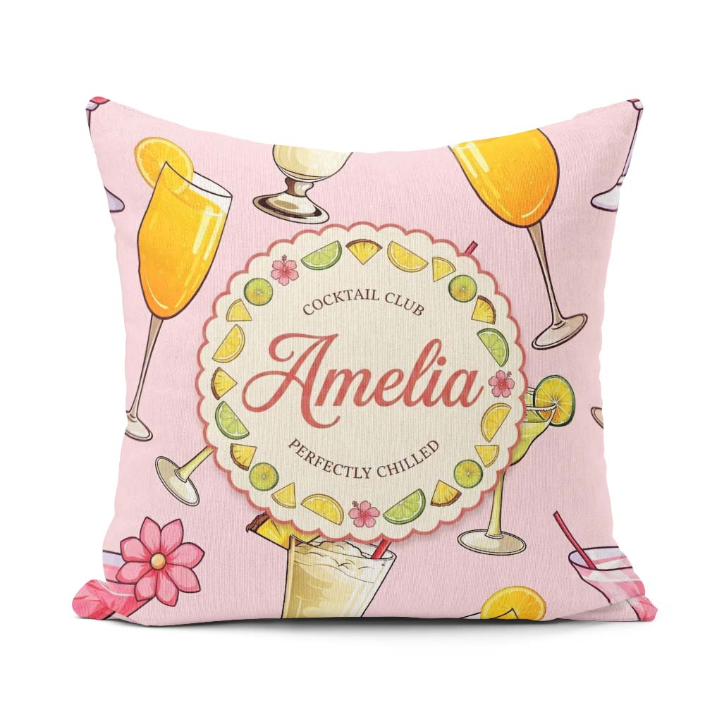 Custom Name Tropical Cocktail Seamless Soft Pink Background Name Square Filled Cushion Throw Pillow Sofa Bed Home Decor Zip Washable UK Made