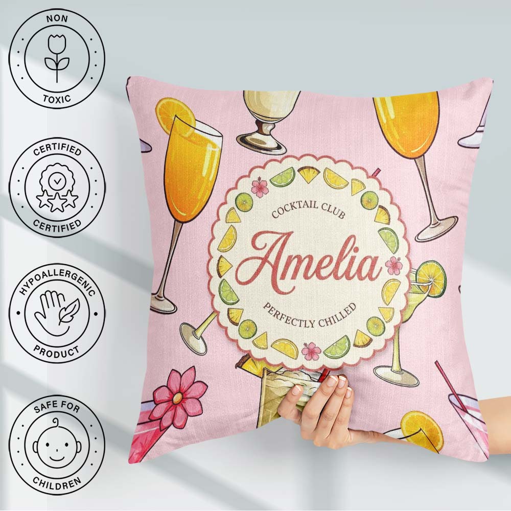 Custom Name Tropical Cocktail Seamless Soft Pink Background Name Square Filled Cushion Throw Pillow Sofa Bed Home Decor Zip Washable UK Made