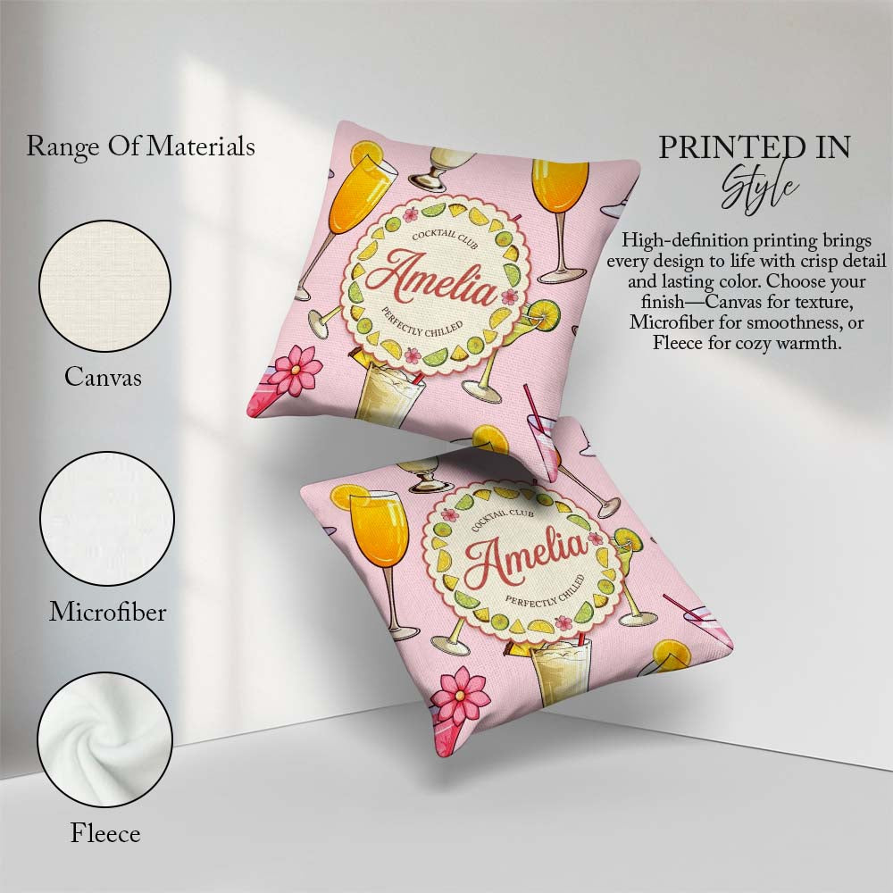 Custom Name Tropical Cocktail Seamless Soft Pink Background Name Square Filled Cushion Throw Pillow Sofa Bed Home Decor Zip Washable UK Made