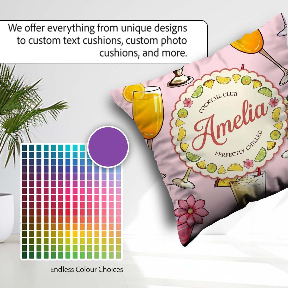 Custom Name Tropical Cocktail Seamless Soft Pink Background Name Square Filled Cushion Throw Pillow Sofa Bed Home Decor Zip Washable UK Made