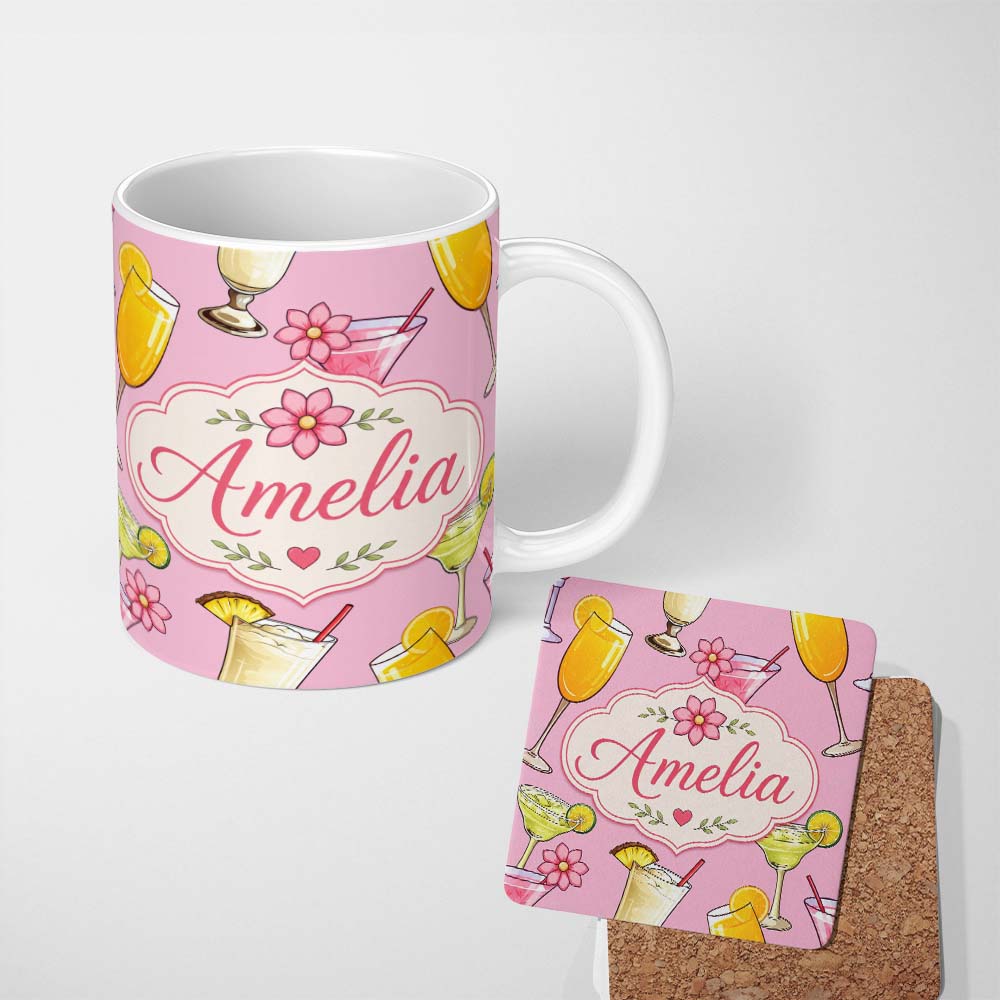 Personalized Custom Name Tropical Cocktail Drinks Seamless Pattern Blush Pink Background 11oz Ceramic Coffee Tea Mug White Large Handle