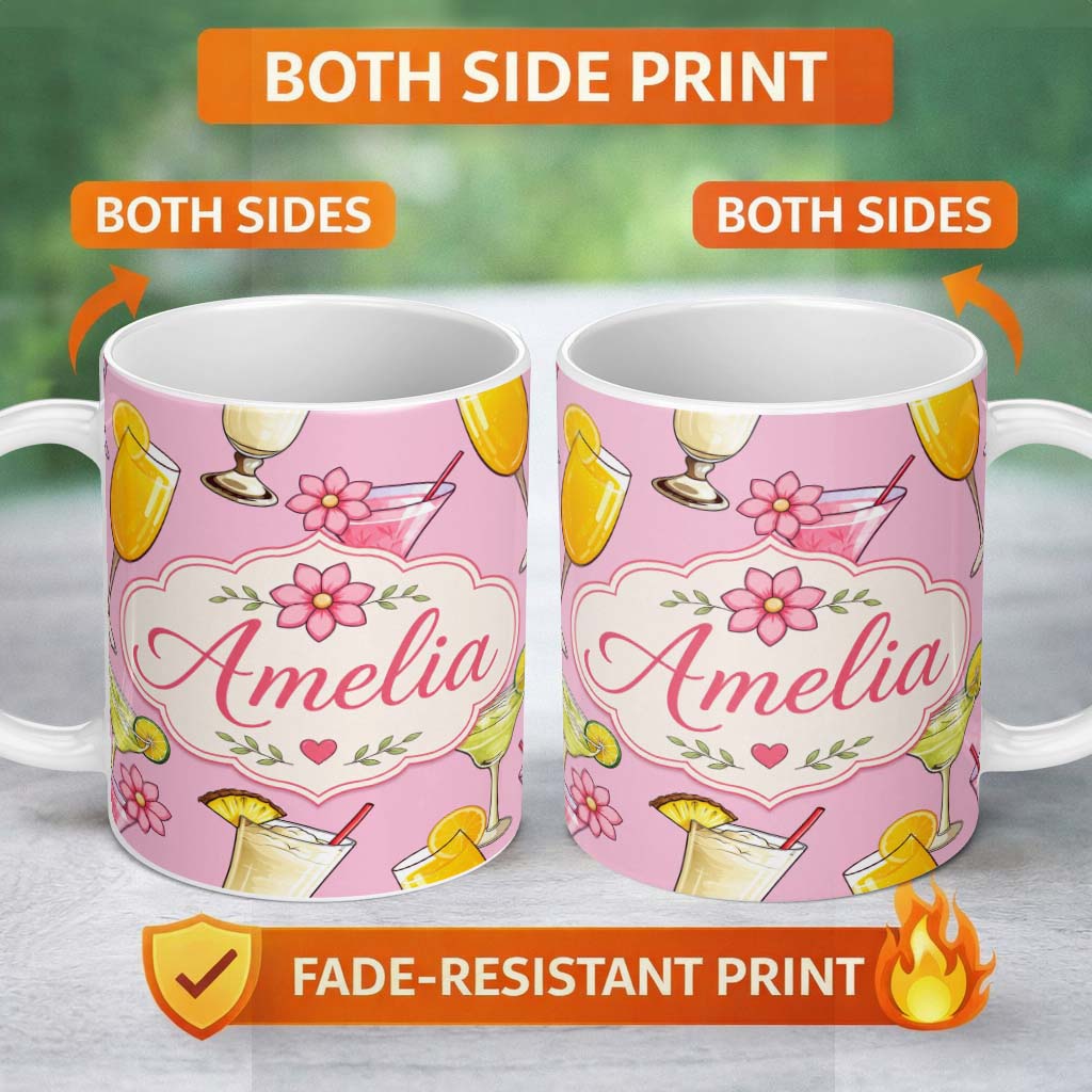Personalized Custom Name Tropical Cocktail Drinks Seamless Pattern Blush Pink Background 11oz Ceramic Coffee Tea Mug White Large Handle