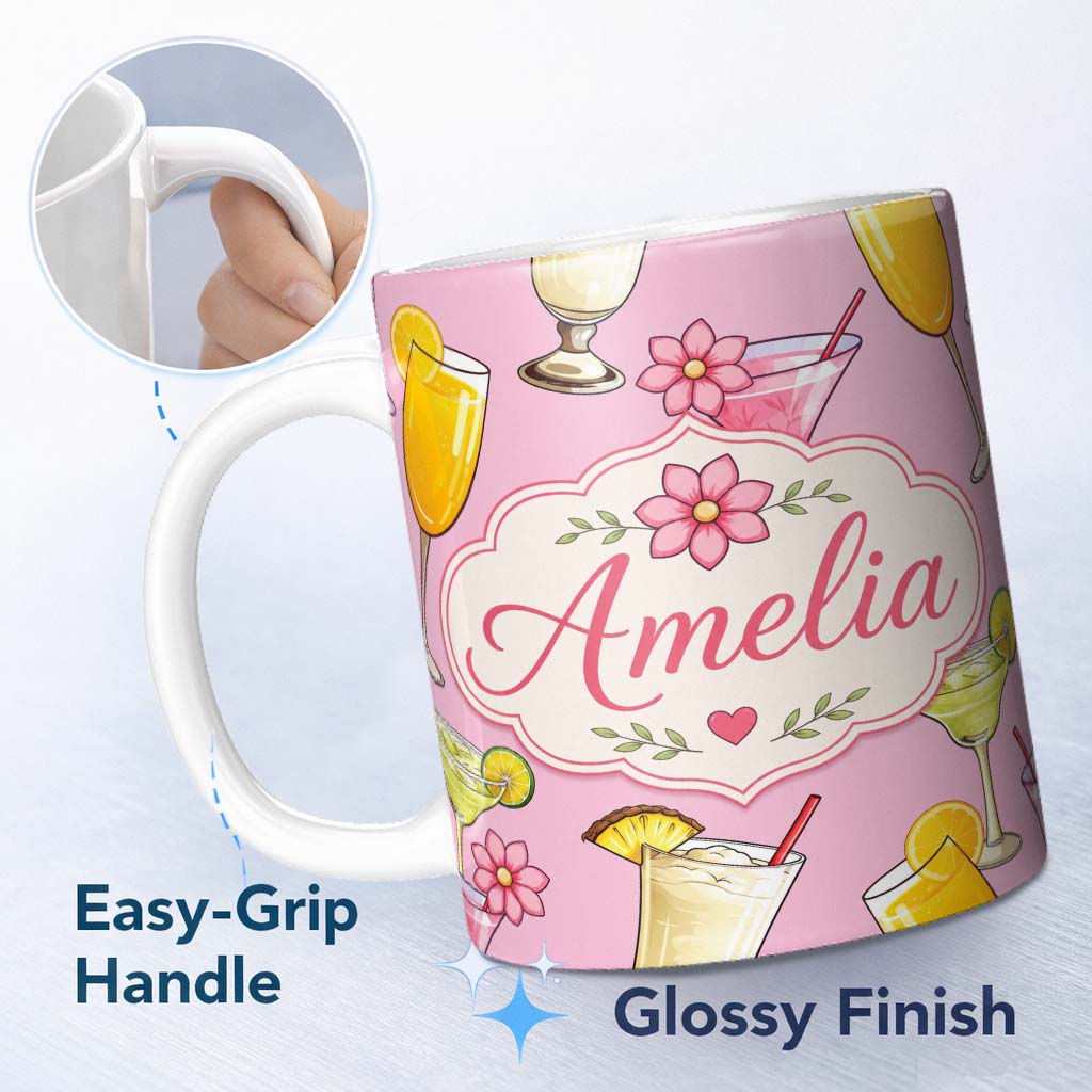 Personalized Custom Name Tropical Cocktail Drinks Seamless Pattern Blush Pink Background 11oz Ceramic Coffee Tea Mug White Large Handle