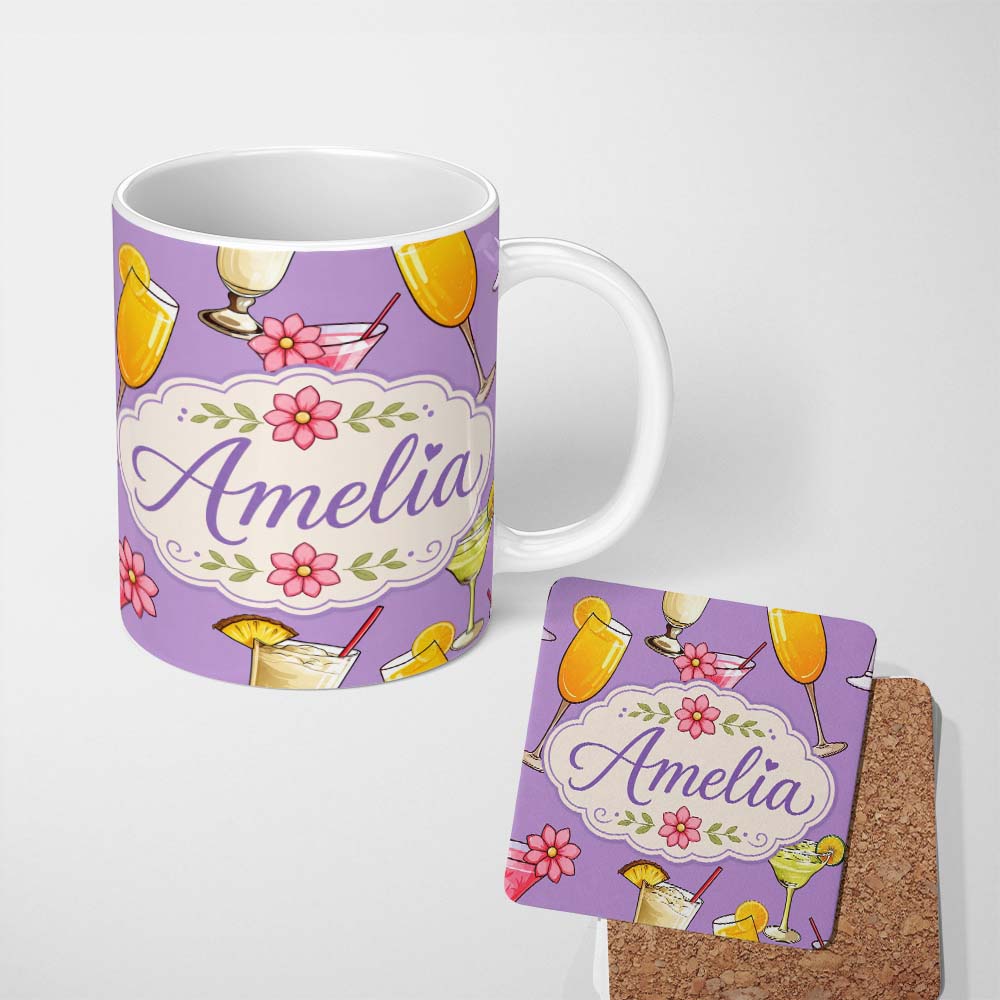 Personalized Custom Name Tropical Cocktail Drinks Seamless Pattern Lavender Background Name 11oz Ceramic Coffee Tea Mug White Large Handle