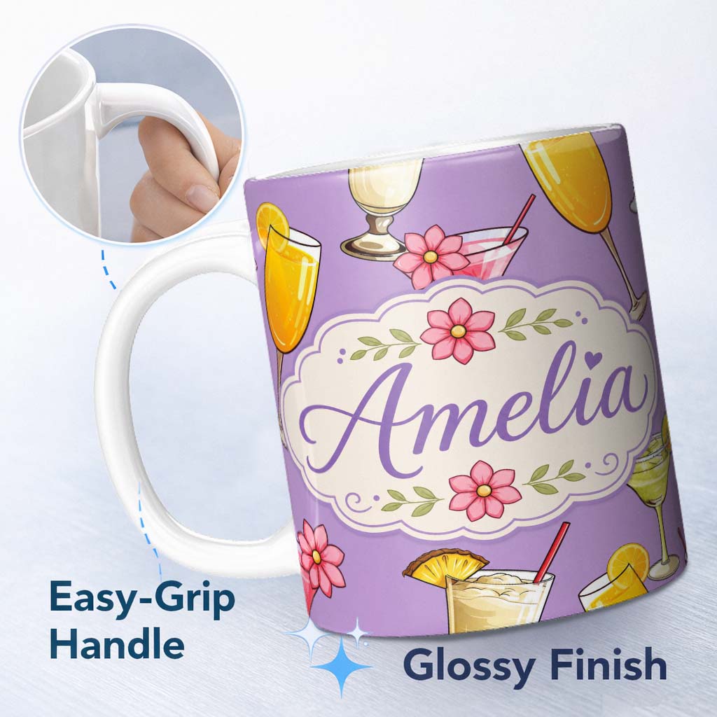 Personalized Custom Name Tropical Cocktail Drinks Seamless Pattern Lavender Background Name 11oz Ceramic Coffee Tea Mug White Large Handle