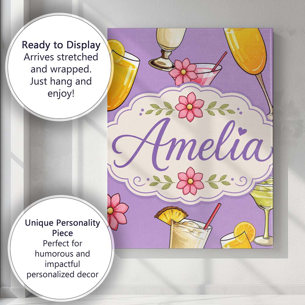Personalised Name Tropical Cocktail Drinks Custom Unique Gift Idea Elegant Feature Canvas Wall Art Print Decor Picture Ready to Hang
