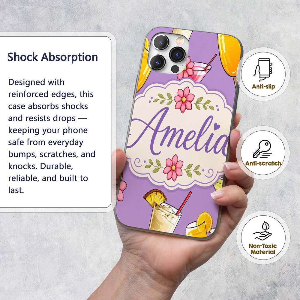 Tropical Cocktail Drinks Seamless Printed Design Custom Name Protective Phone Case Mobile Cover Durable Everyday Smartphone Shock Resistant