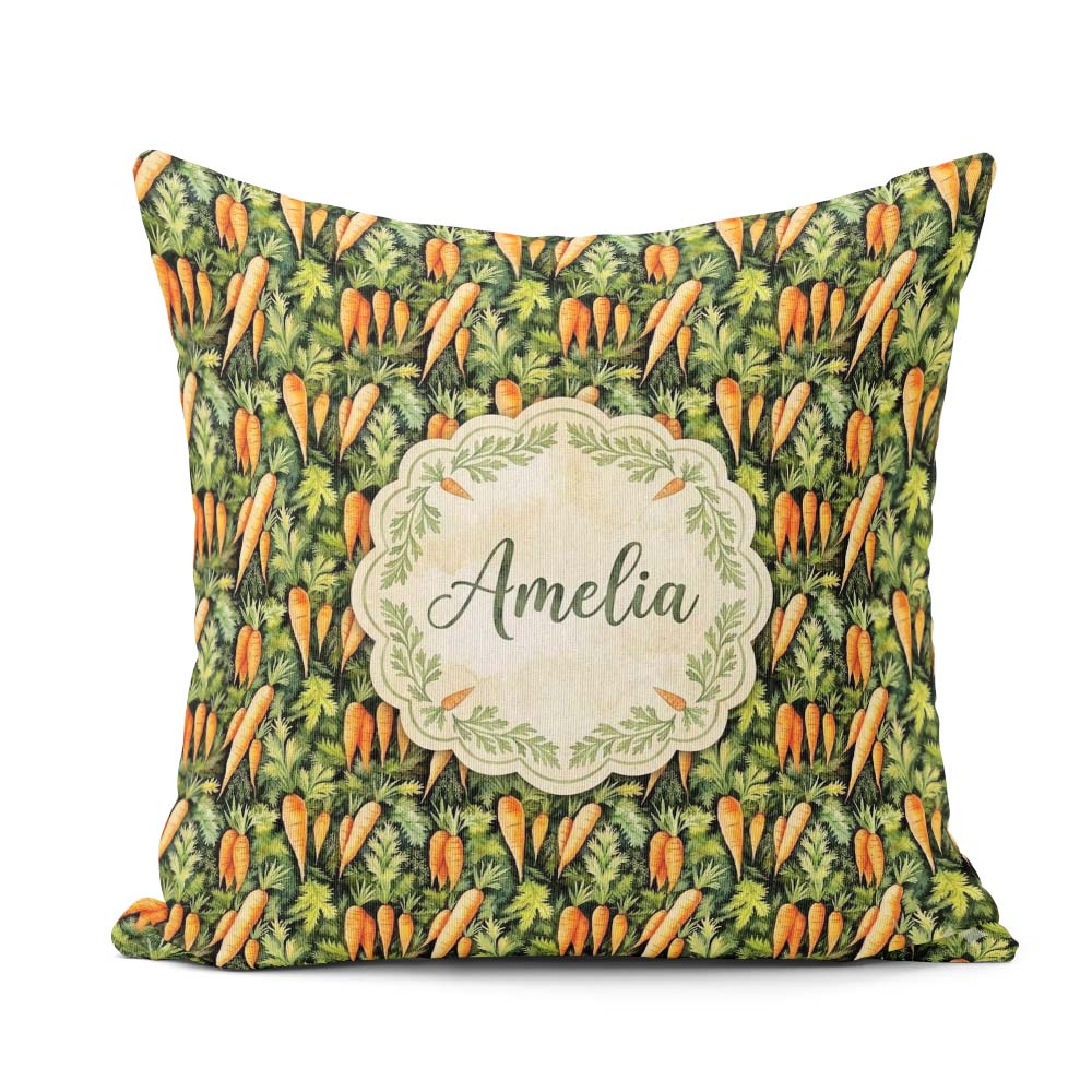Custom Name Realistic Carrot Garden Botanical Seamless Pattern Square Filled Cushion Throw Pillow Sofa Bed Home Decor Zip Washable UK Made