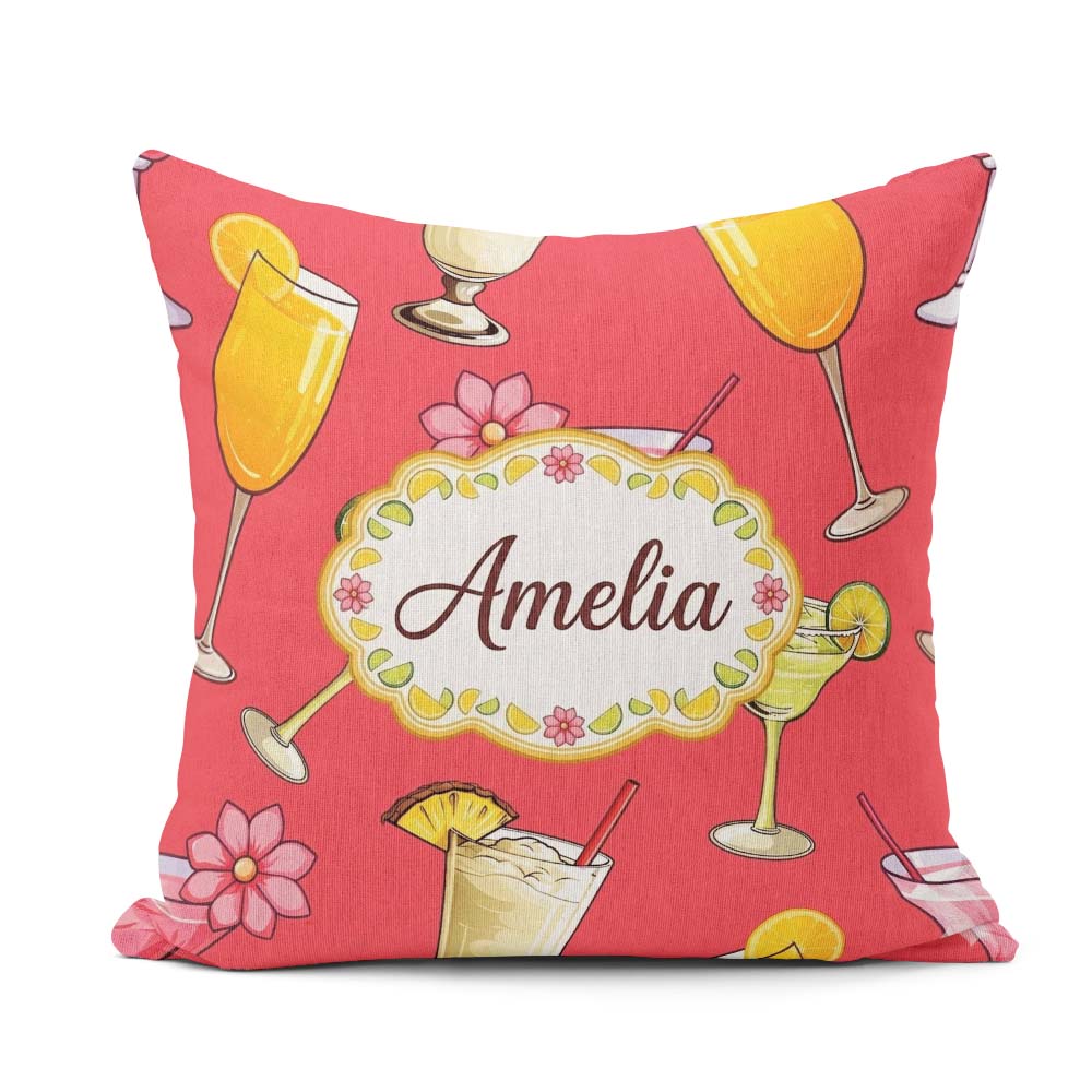 Custom Name Tropical Cocktail Drinks Pattern Red Background Name Square Filled Cushion Throw Pillow Sofa Bed Home Decor Zip Washable UK Made