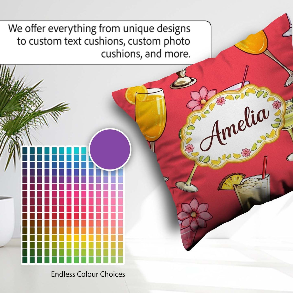Custom Name Tropical Cocktail Drinks Pattern Red Background Name Square Filled Cushion Throw Pillow Sofa Bed Home Decor Zip Washable UK Made