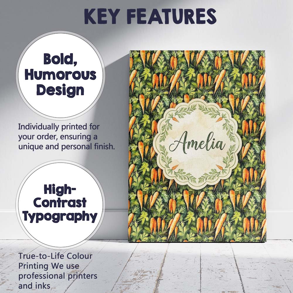 Personalised Name Realistic Carrot Garden Botanical Seamless Pattern Custom Home Canvas Wall Art Print Decor Picture Ready to Hang