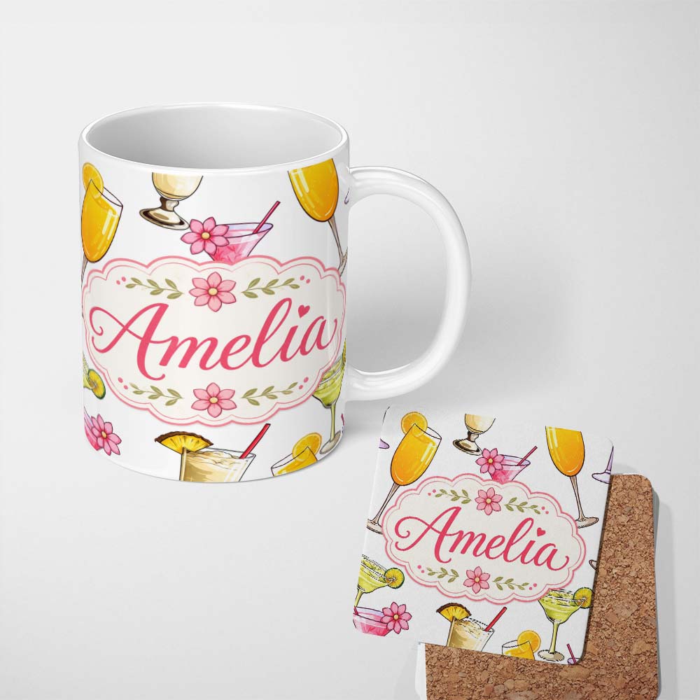 Personalized Custom Name Tropical Cocktail Drinks Seamless Pattern Light Grey Background 11oz Ceramic Coffee Tea Mug White Large Handle