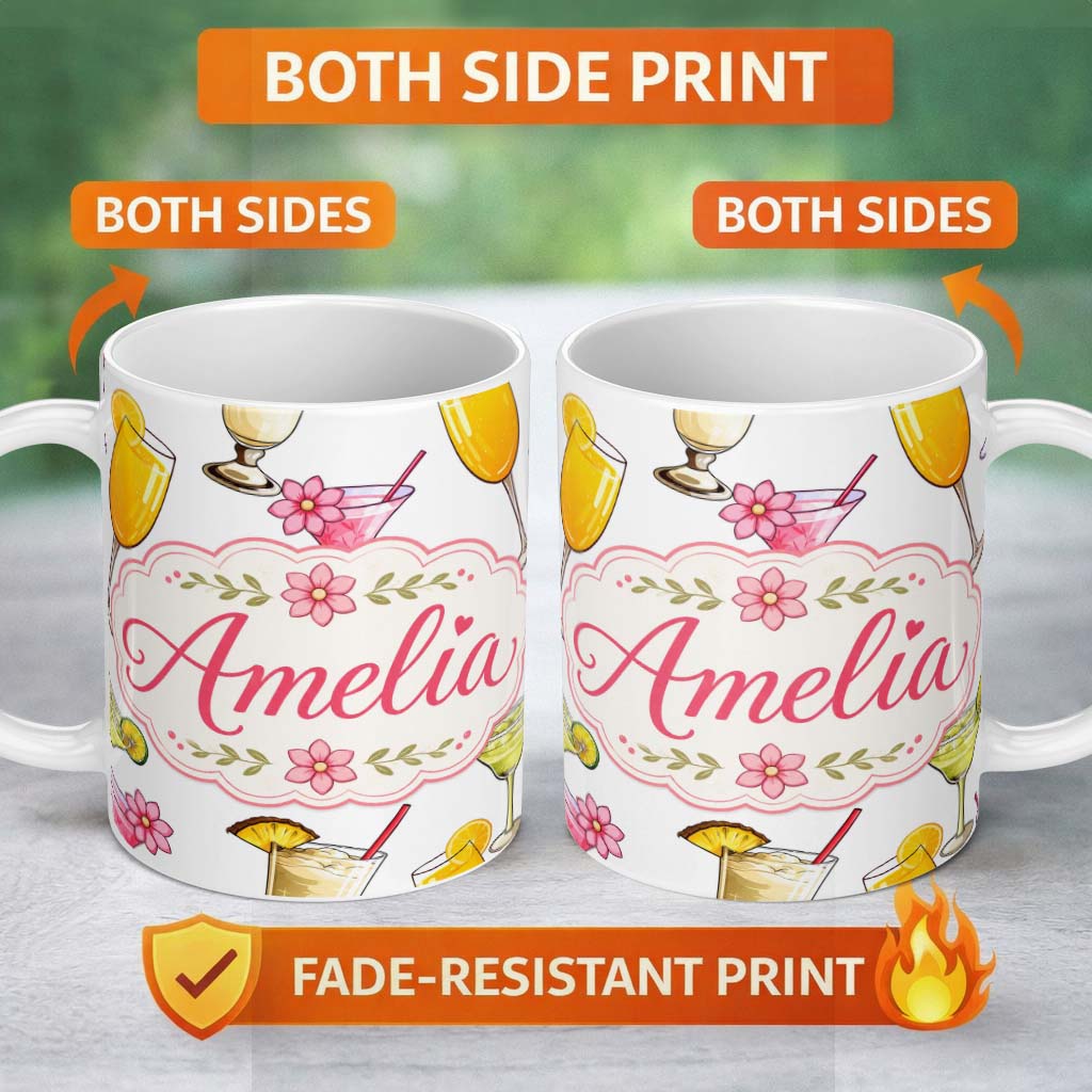 Personalized Custom Name Tropical Cocktail Drinks Seamless Pattern Light Grey Background 11oz Ceramic Coffee Tea Mug White Large Handle
