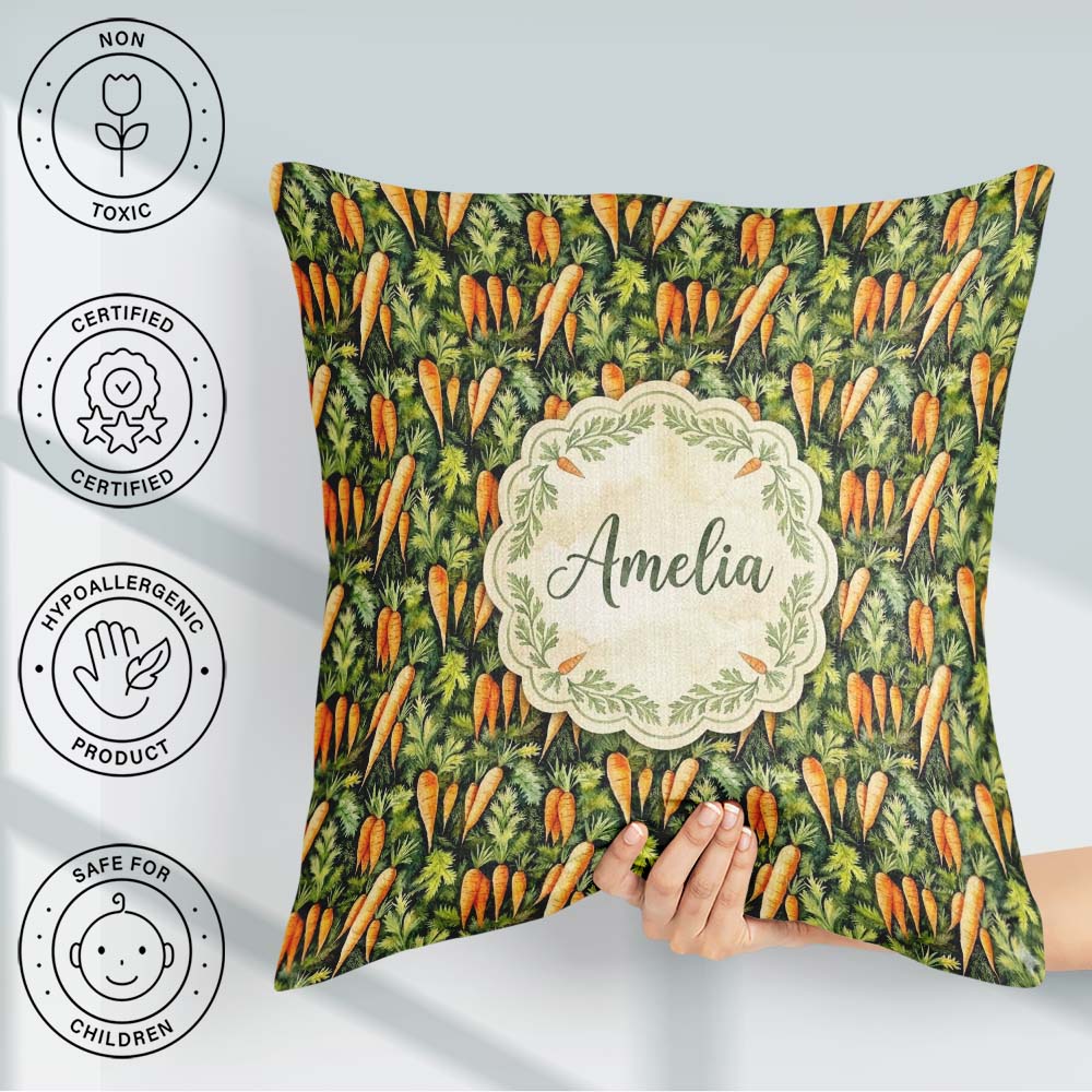 Custom Name Realistic Carrot Garden Botanical Seamless Pattern Square Filled Cushion Throw Pillow Sofa Bed Home Decor Zip Washable UK Made