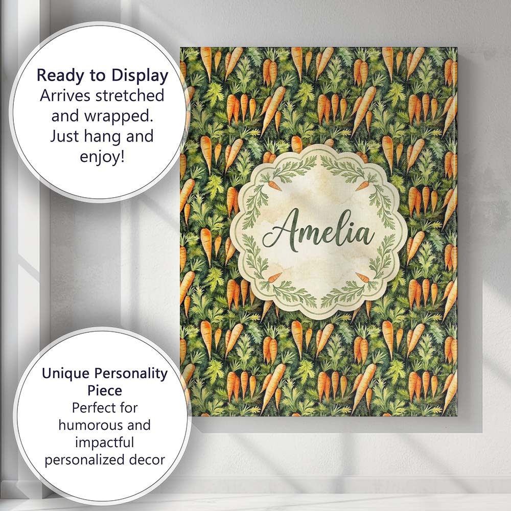 Personalised Name Realistic Carrot Garden Botanical Seamless Pattern Custom Home Canvas Wall Art Print Decor Picture Ready to Hang