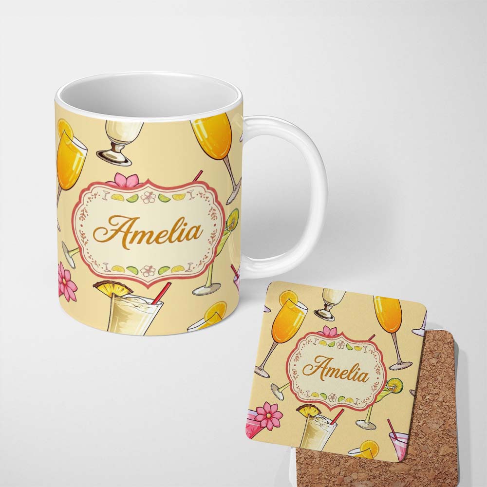 Personalized Custom Name Tropical Cocktail Drinks Seamless Pattern Warm Beige Background 11oz Ceramic Coffee Tea Mug White Large Handle