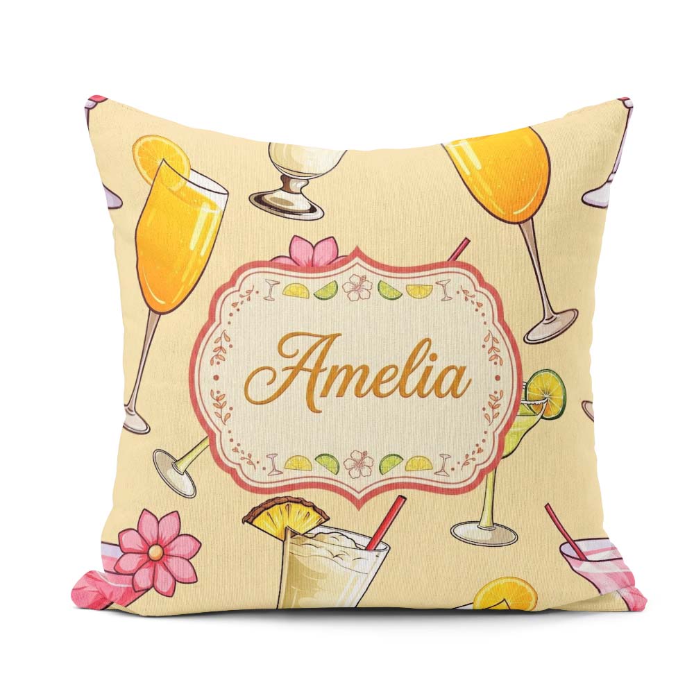 Custom Name Tropical Cocktail Drinks Seamless Pattern Warm Beige Square Filled Cushion Throw Pillow Sofa Bed Home Decor Zip Washable UK Made