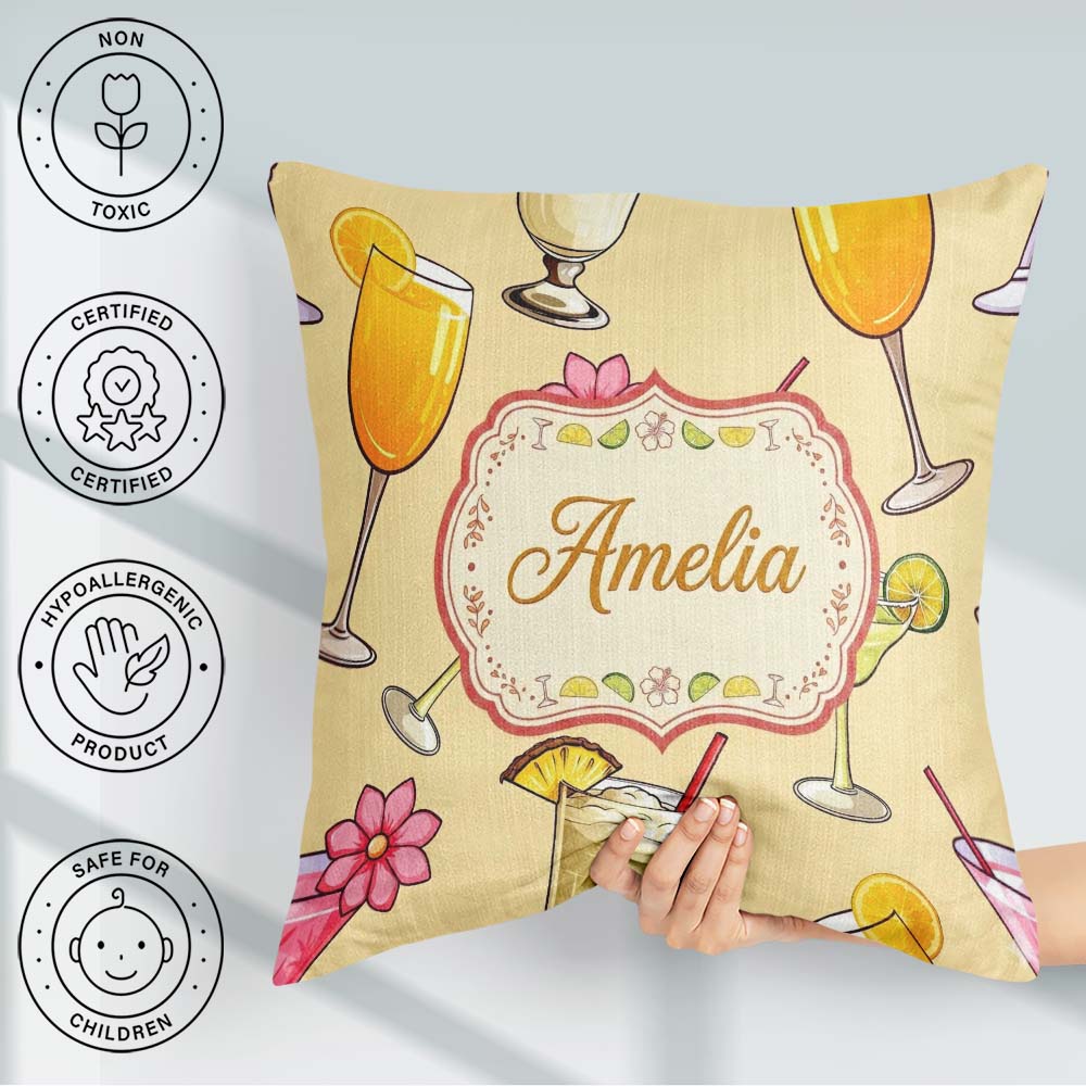 Custom Name Tropical Cocktail Drinks Seamless Pattern Warm Beige Square Filled Cushion Throw Pillow Sofa Bed Home Decor Zip Washable UK Made