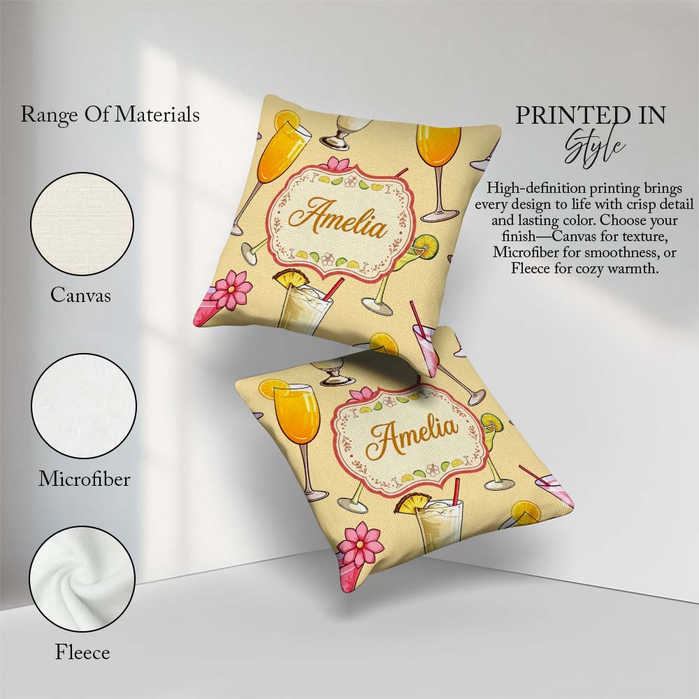 Custom Name Tropical Cocktail Drinks Seamless Pattern Warm Beige Square Filled Cushion Throw Pillow Sofa Bed Home Decor Zip Washable UK Made
