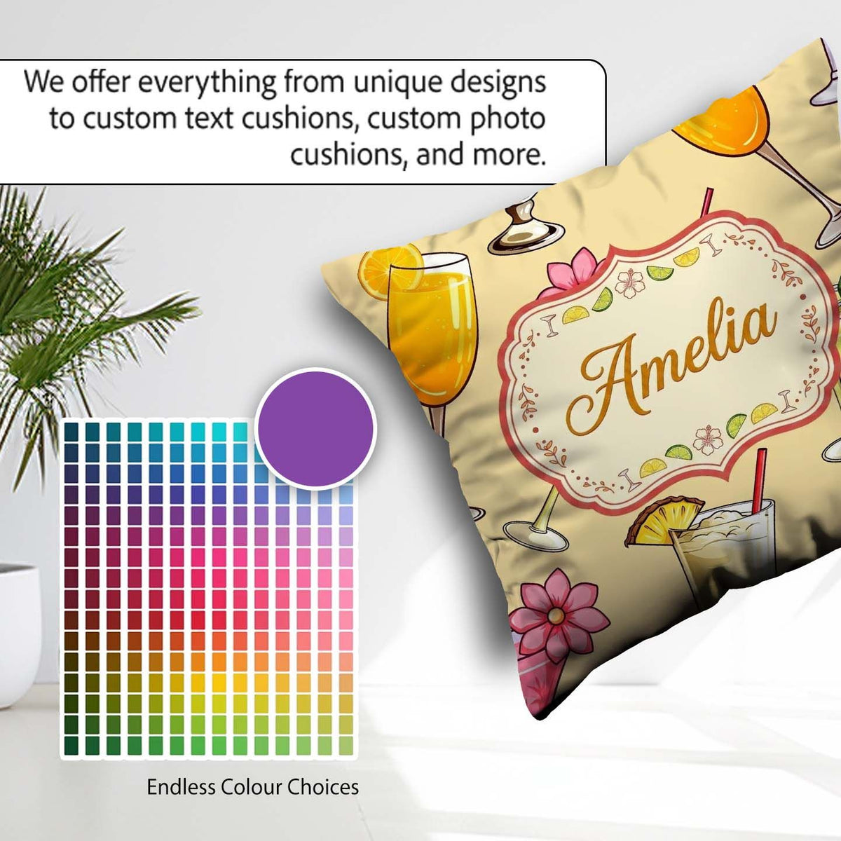 Custom Name Tropical Cocktail Drinks Seamless Pattern Warm Beige Square Filled Cushion Throw Pillow Sofa Bed Home Decor Zip Washable UK Made