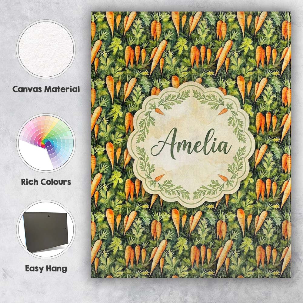 Personalised Name Realistic Carrot Garden Botanical Seamless Pattern Custom Home Canvas Wall Art Print Decor Picture Ready to Hang