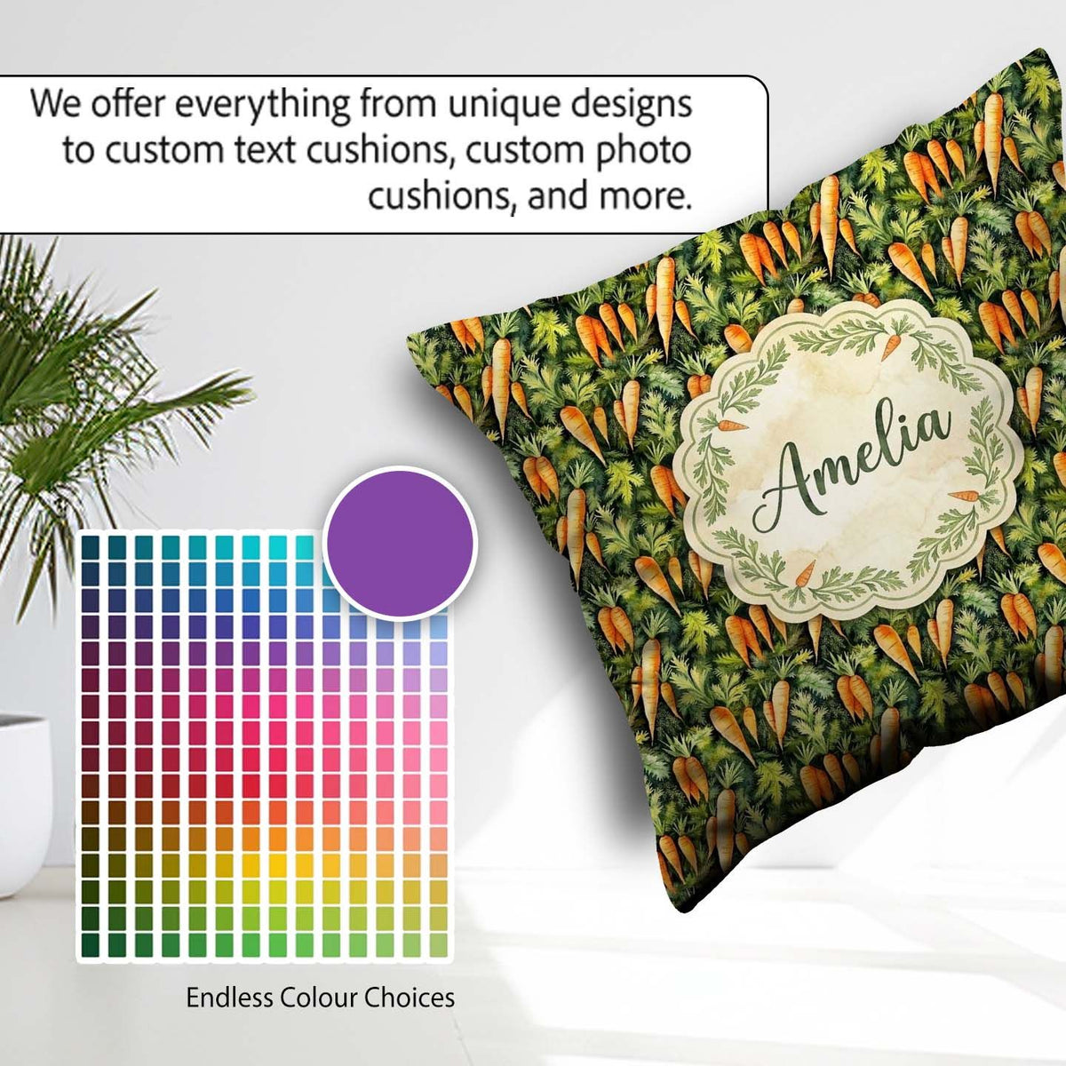 Custom Name Realistic Carrot Garden Botanical Seamless Pattern Square Filled Cushion Throw Pillow Sofa Bed Home Decor Zip Washable UK Made