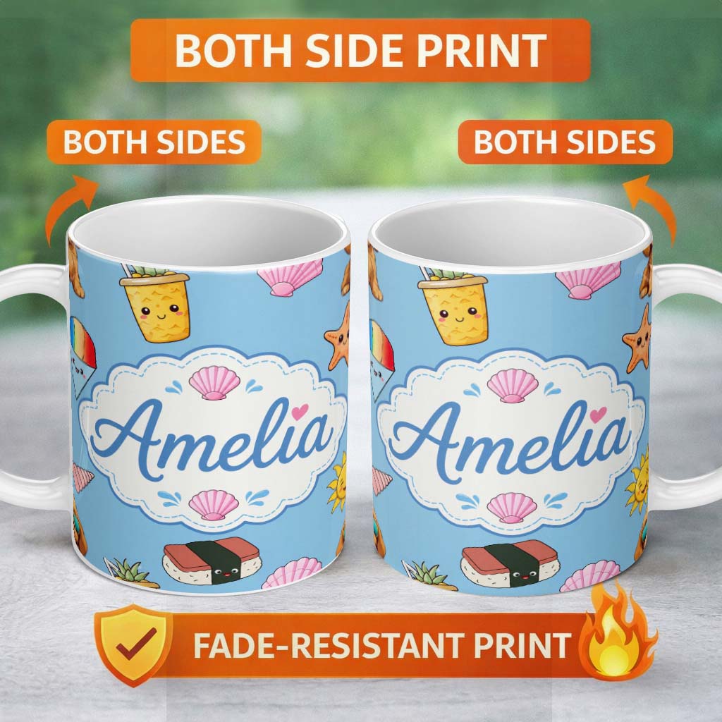 Personalized Custom Name Cute Summer Chihuahua Dog Cartoon Seamless Pattern Blue Background 11oz Ceramic Coffee Tea Mug White Large Handle