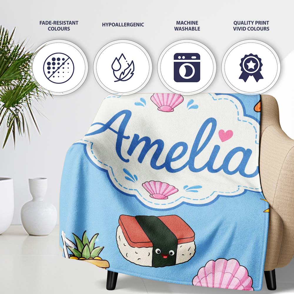 Cute Summer Chihuahua Dog Cartoon Seamless Pattern Blue Background Personalised Custom Name Super Soft Fleece Blanket Bed Sofa Throw