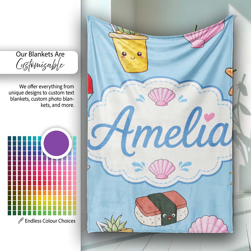 Cute Summer Chihuahua Dog Cartoon Seamless Pattern Blue Background Personalised Custom Name Super Soft Fleece Blanket Bed Sofa Throw