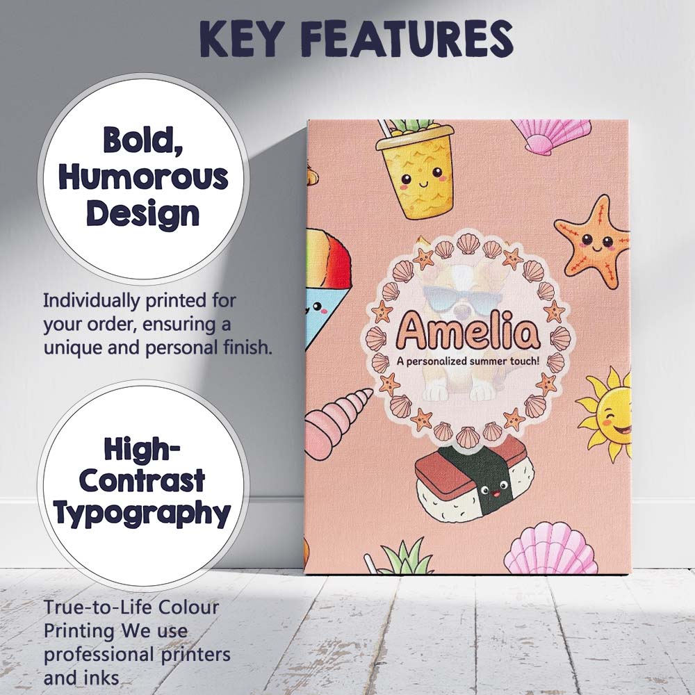 Personalised Name Cute Summer Chihuahua Dog Custom Bespoke Interior Contemporary Canvas Wall Art Print Decor Picture Ready to Hang