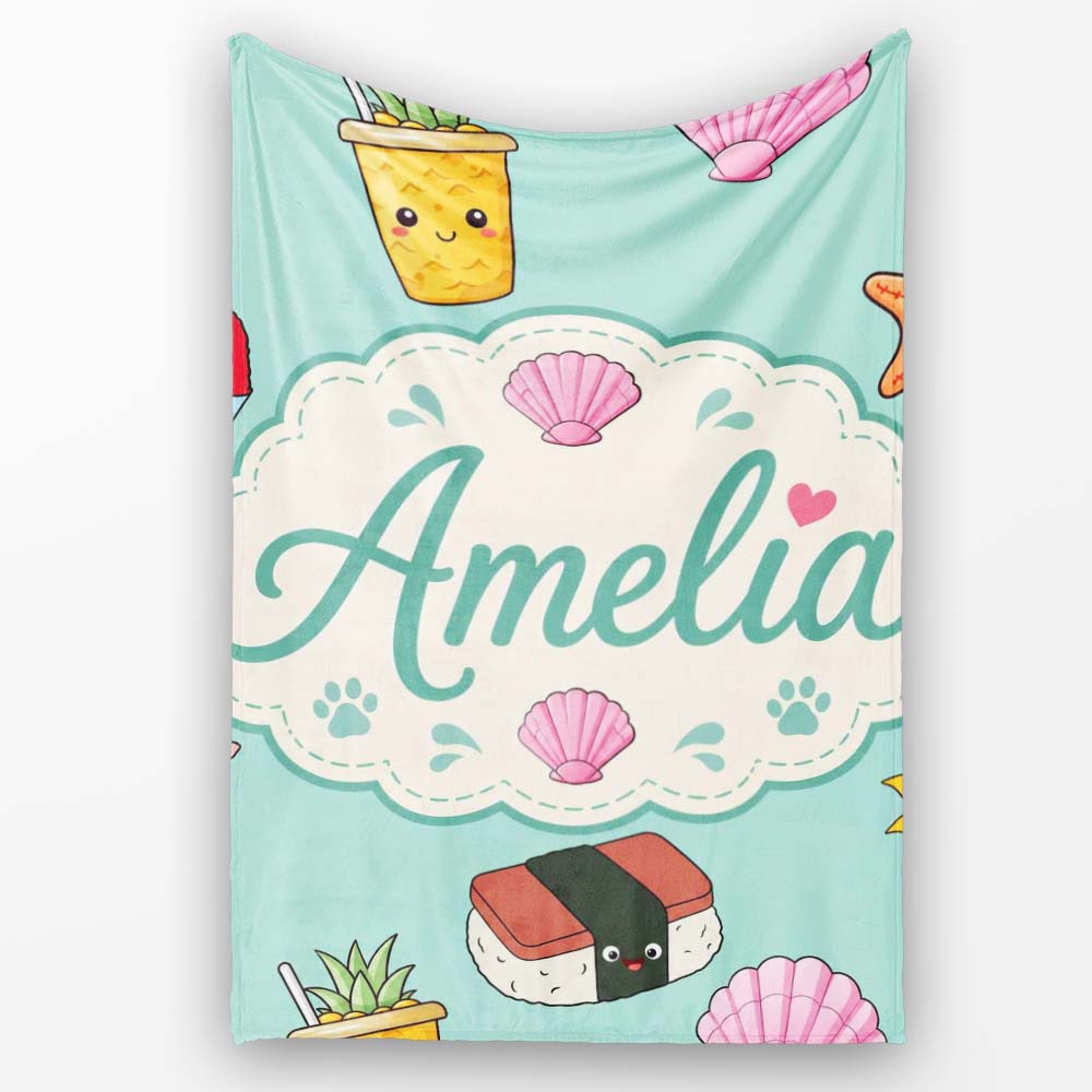 Summer Chihuahua Dog Sunglasses Kawaii Beach Teal Seamless Pattern Personalised Custom Name Super Soft Fleece Blanket Bed Sofa Throw