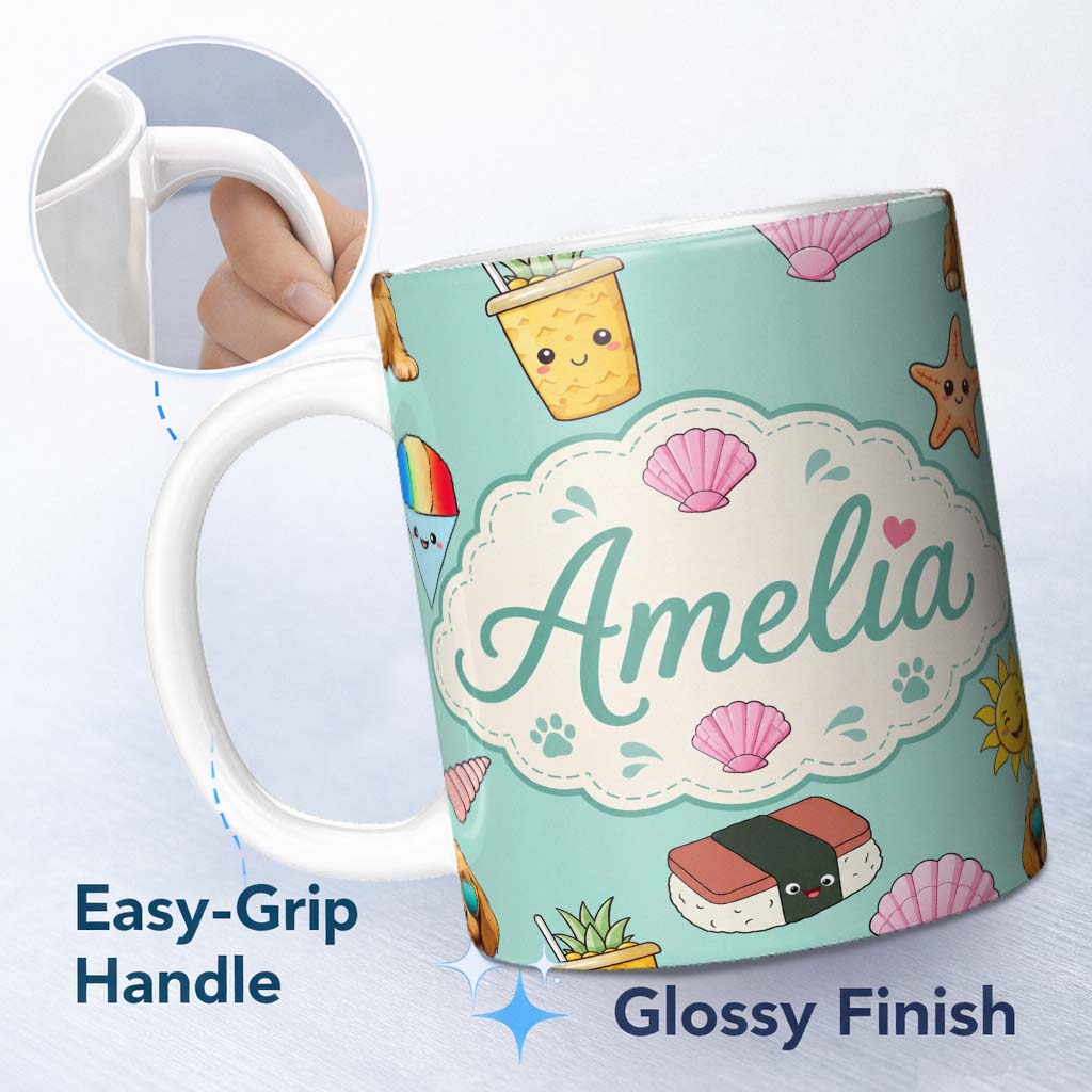 Personalized Custom Name Summer Chihuahua Dog Sunglasses Kawaii Beach Teal Seamless Pattern 11oz Ceramic Coffee Tea Mug White Large Handle