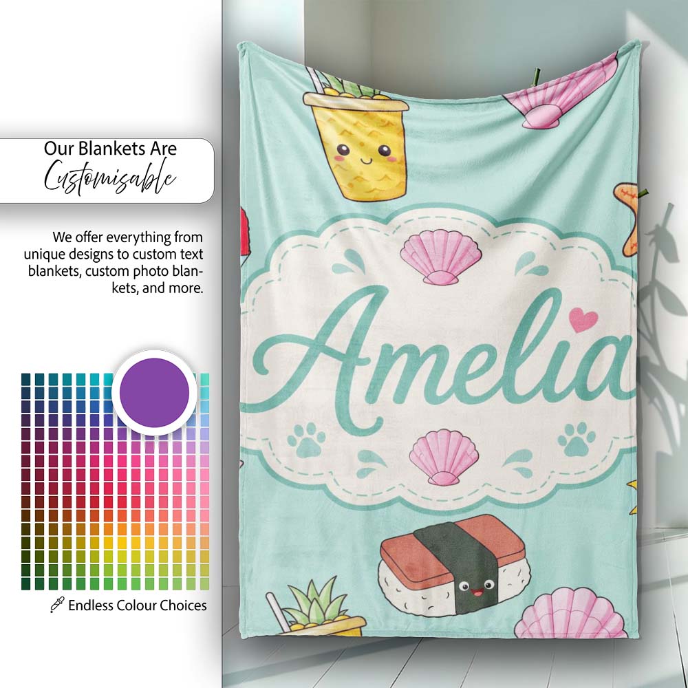 Summer Chihuahua Dog Sunglasses Kawaii Beach Teal Seamless Pattern Personalised Custom Name Super Soft Fleece Blanket Bed Sofa Throw