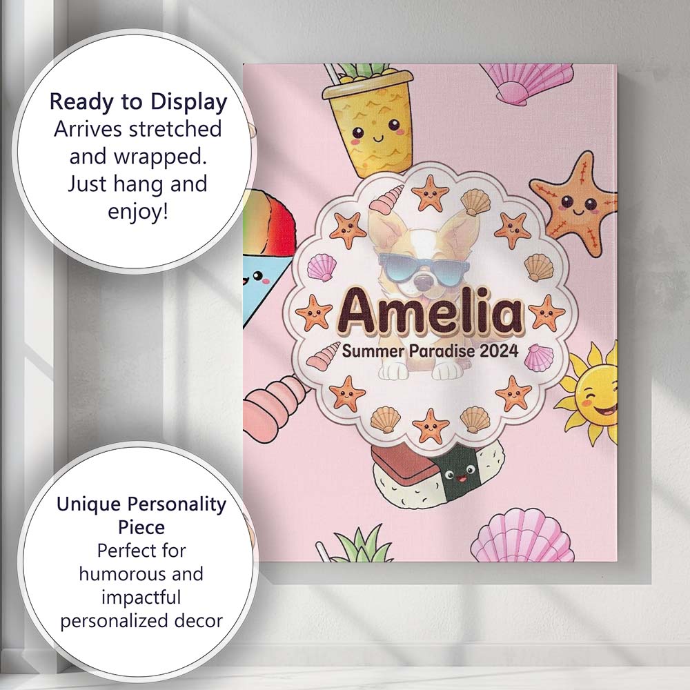 Personalised Name Summer Chihuahua Dog Custom Modern Room Accent Elegant Feature Canvas Wall Art Print Decor Picture Ready to Hang