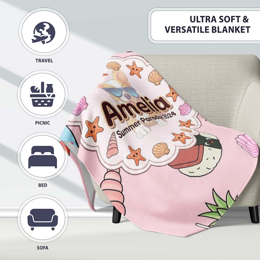 Summer Chihuahua Dog Sunglasses Kawaii Beach Soft Pink Seamless Personalised Custom Name Super Soft Fleece Blanket Bed Sofa Throw