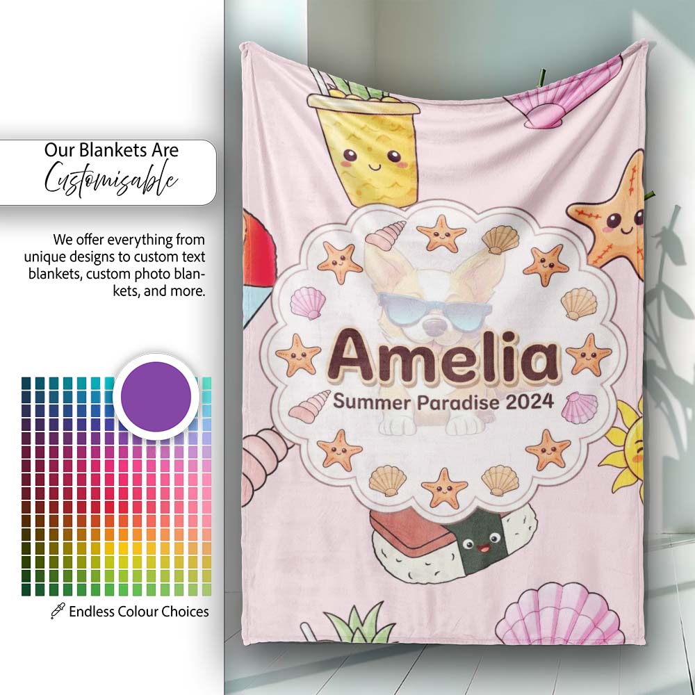 Summer Chihuahua Dog Sunglasses Kawaii Beach Soft Pink Seamless Personalised Custom Name Super Soft Fleece Blanket Bed Sofa Throw