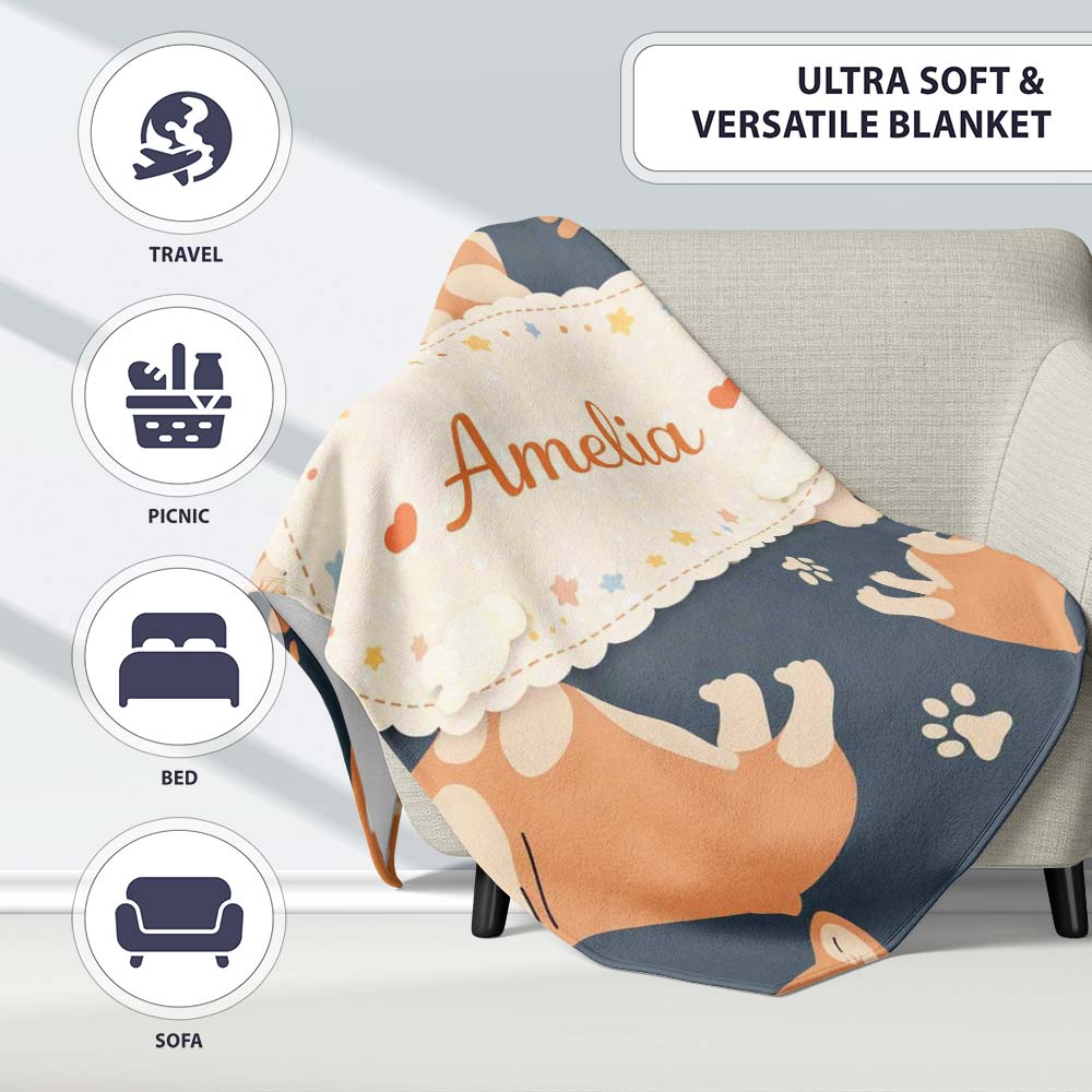 Playful Corgi Dogs Basketball Seamless Pattern Stylish Everyday Personalised Custom Name Super Soft Fleece Blanket Bed Sofa Throw