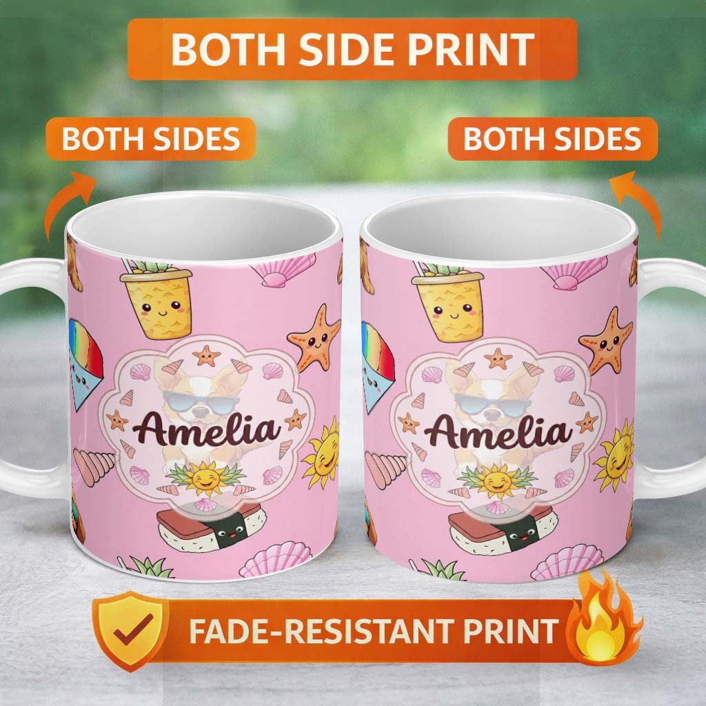 Personalized Custom Name Summer Chihuahua Dog Sunglasses Kawaii Beach Icon Blush Pink 11oz Ceramic Coffee Tea Mug White Large Handle