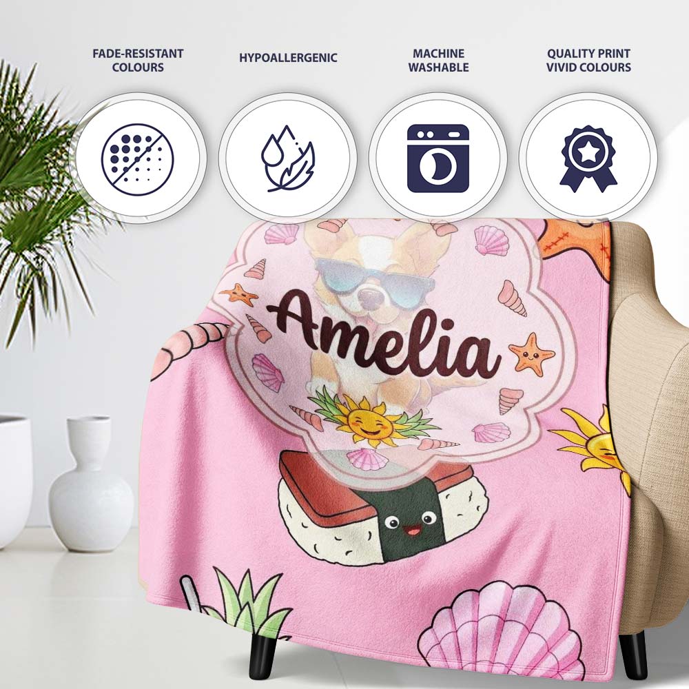 Summer Chihuahua Dog Sunglasses Kawaii Beach Icon Blush Pink Personalised Custom Name Super Soft Fleece Blanket Bed Sofa Throw