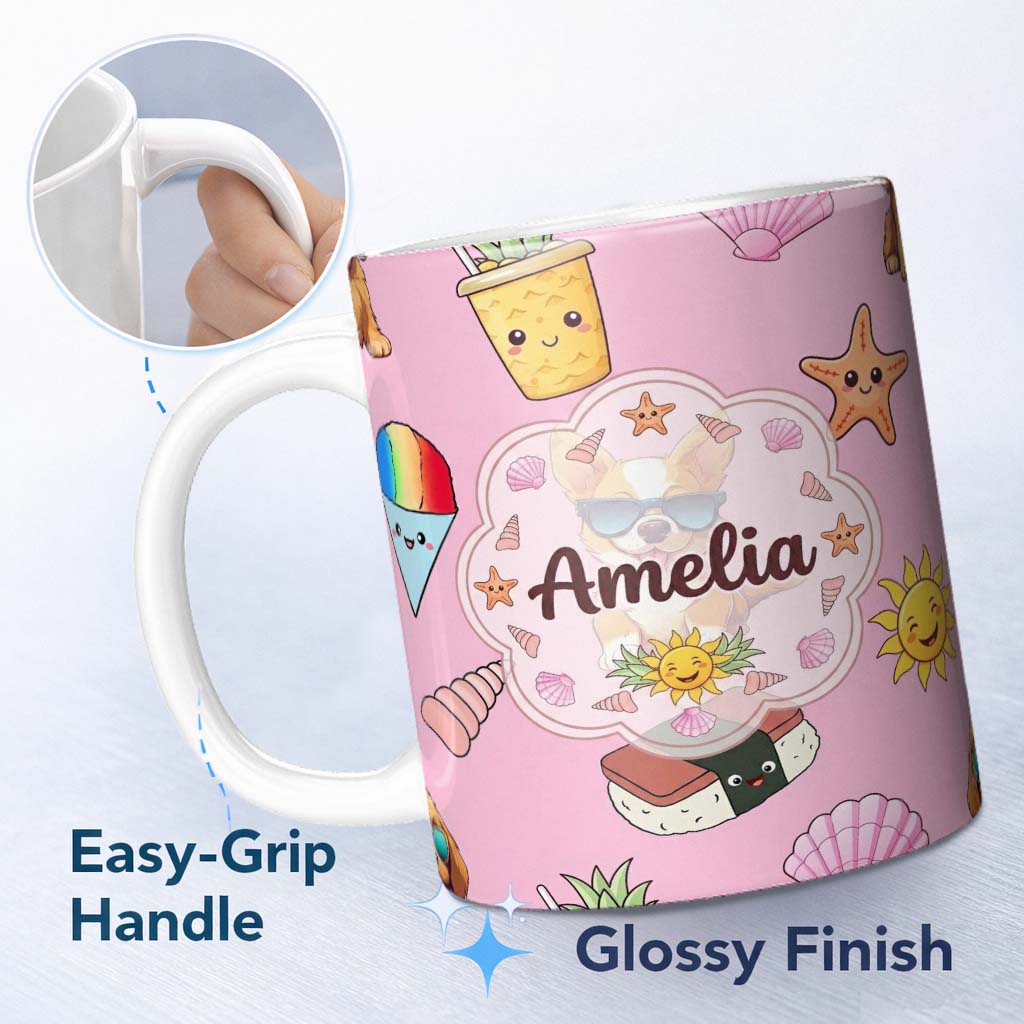 Personalized Custom Name Summer Chihuahua Dog Sunglasses Kawaii Beach Icon Blush Pink 11oz Ceramic Coffee Tea Mug White Large Handle