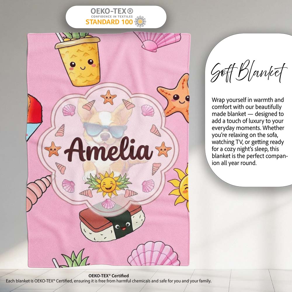Summer Chihuahua Dog Sunglasses Kawaii Beach Icon Blush Pink Personalised Custom Name Super Soft Fleece Blanket Bed Sofa Throw