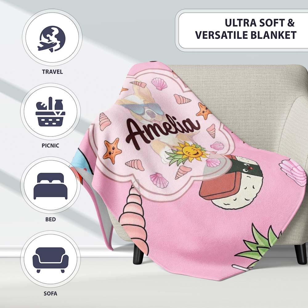 Summer Chihuahua Dog Sunglasses Kawaii Beach Icon Blush Pink Personalised Custom Name Super Soft Fleece Blanket Bed Sofa Throw