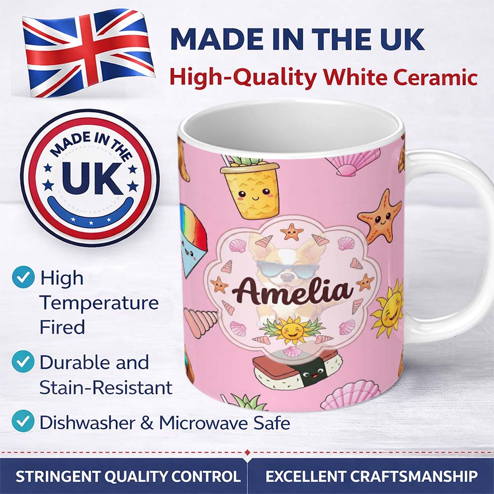 Personalized Custom Name Summer Chihuahua Dog Sunglasses Kawaii Beach Icon Blush Pink 11oz Ceramic Coffee Tea Mug White Large Handle