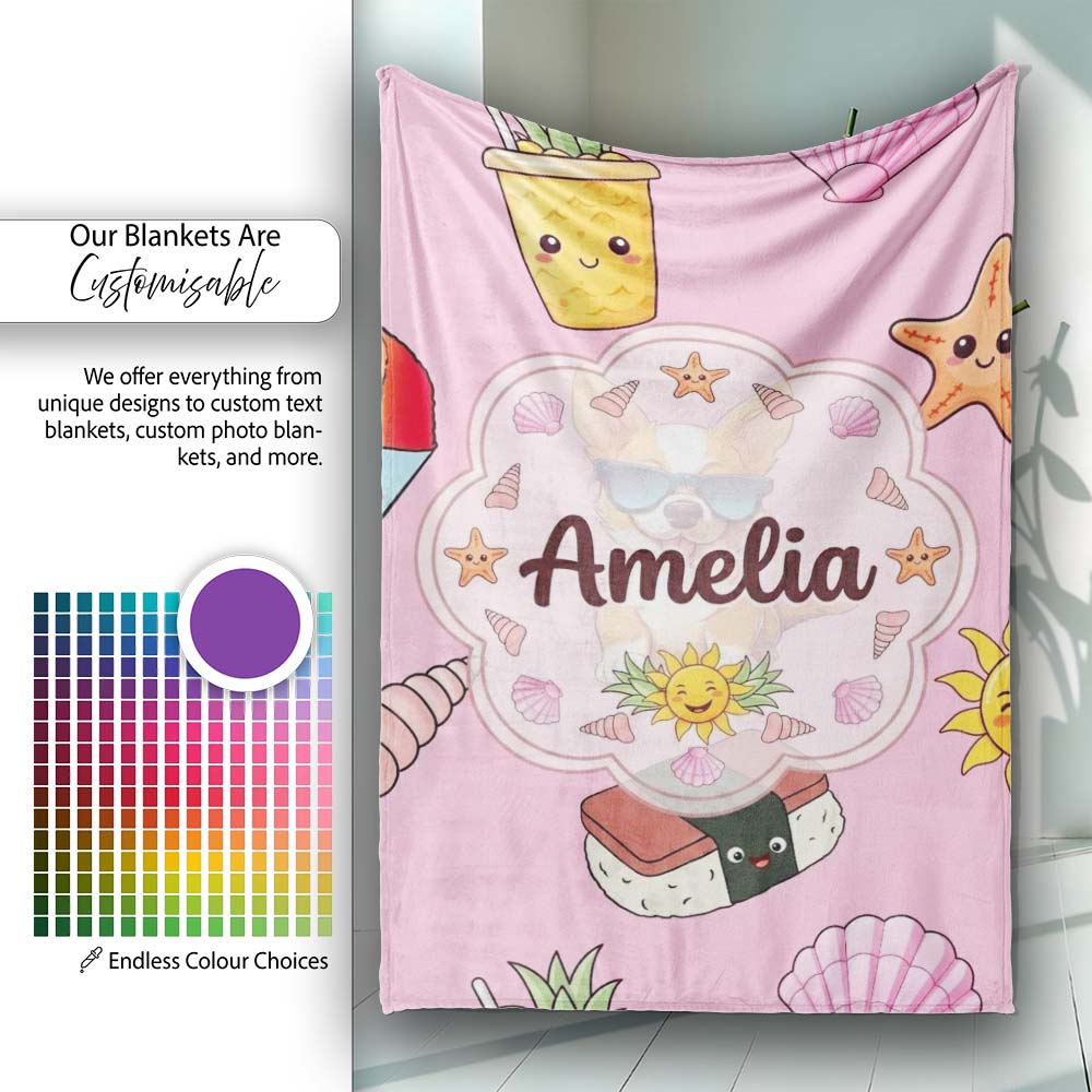 Summer Chihuahua Dog Sunglasses Kawaii Beach Icon Blush Pink Personalised Custom Name Super Soft Fleece Blanket Bed Sofa Throw