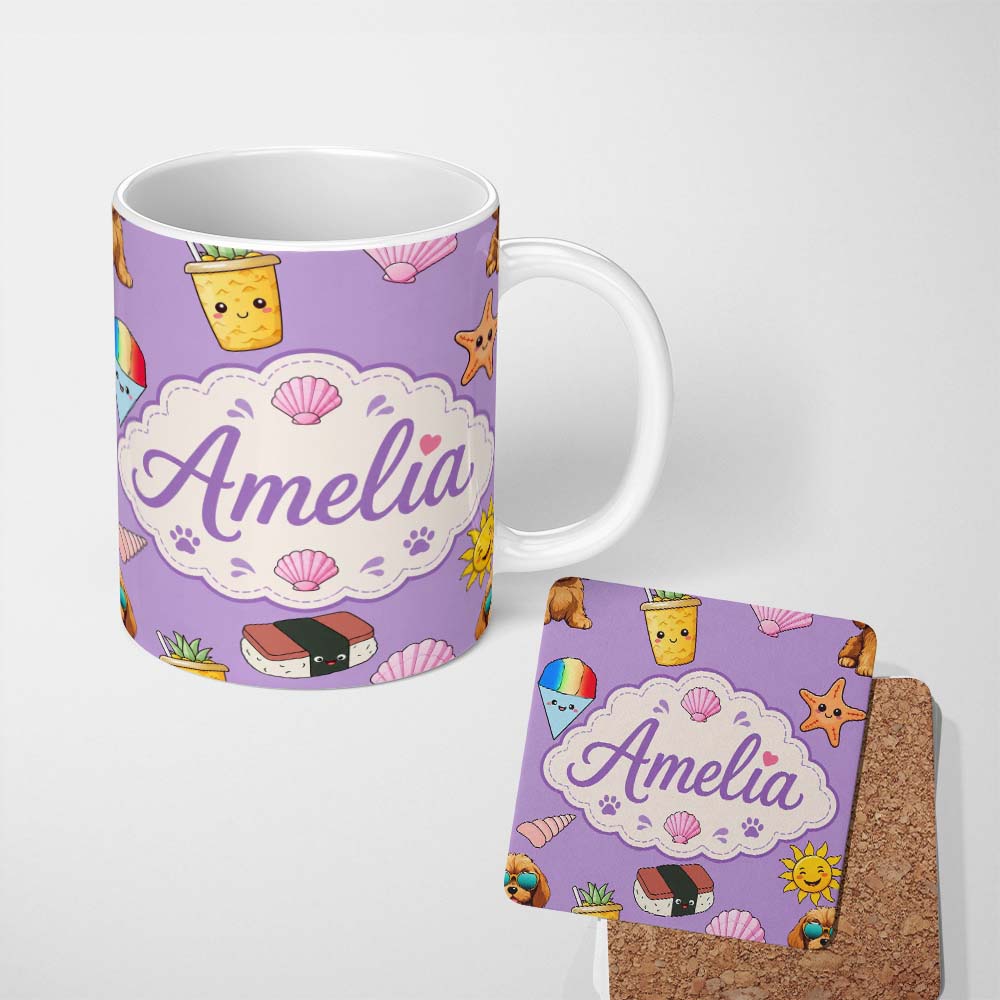 Personalized Custom Name Summer Chihuahua Dog Sunglasses Kawaii Beach Purple Seamless 11oz Ceramic Coffee Tea Mug White Large Handle