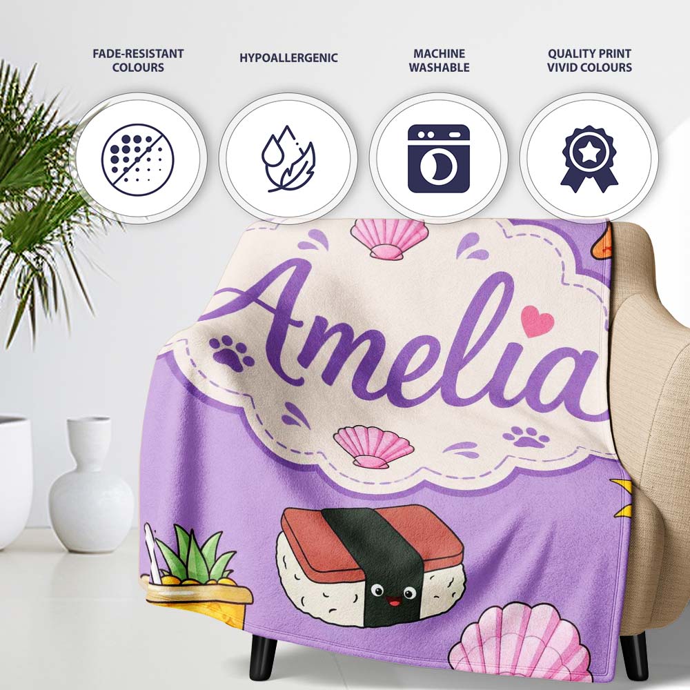 Summer Chihuahua Dog Sunglasses Kawaii Beach Purple Seamless Personalised Custom Name Super Soft Fleece Blanket Bed Sofa Throw