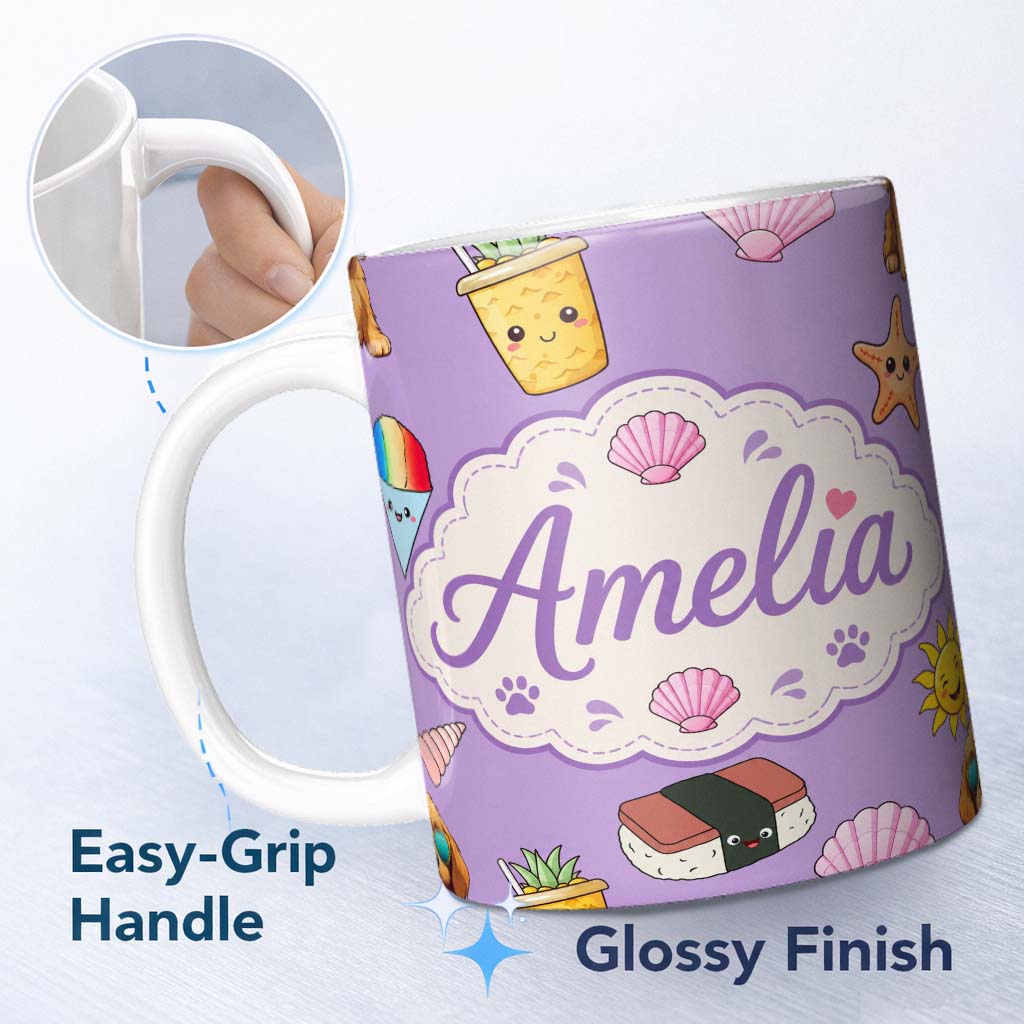 Personalized Custom Name Summer Chihuahua Dog Sunglasses Kawaii Beach Purple Seamless 11oz Ceramic Coffee Tea Mug White Large Handle